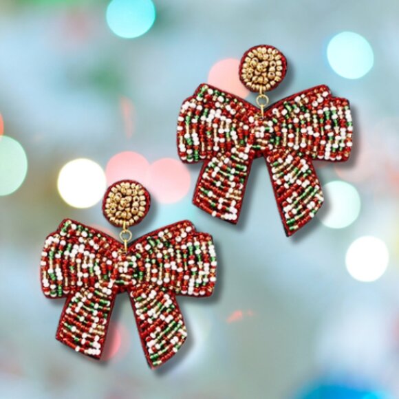 Christmas Ribbon Seed Beaded Statement Gift Colorful Bow Earrings NEW - Picture 6 of 6